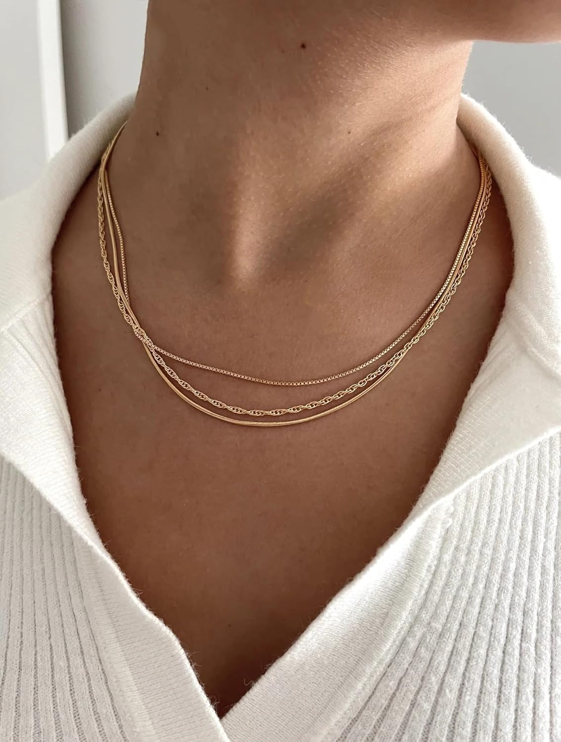 Waterproof Non-Tarnish Necklace Set, 18K Gold Plated Layered Dainty Chains, Stackable Jewelry Gift for Women