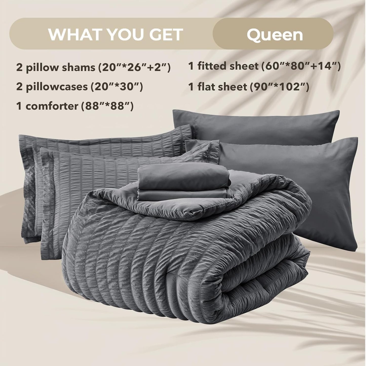 Queen Comforter Set Seersucker 7 count, All Season Luxury Bed in a Bag for Bedroom