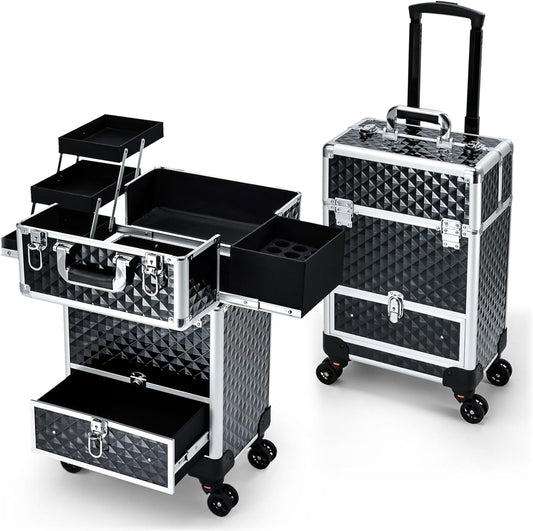 Rolling Makeup Case Cosmetic Travel Trolley Storage Sliding Drawer 4 Tray Makeup Travel Case