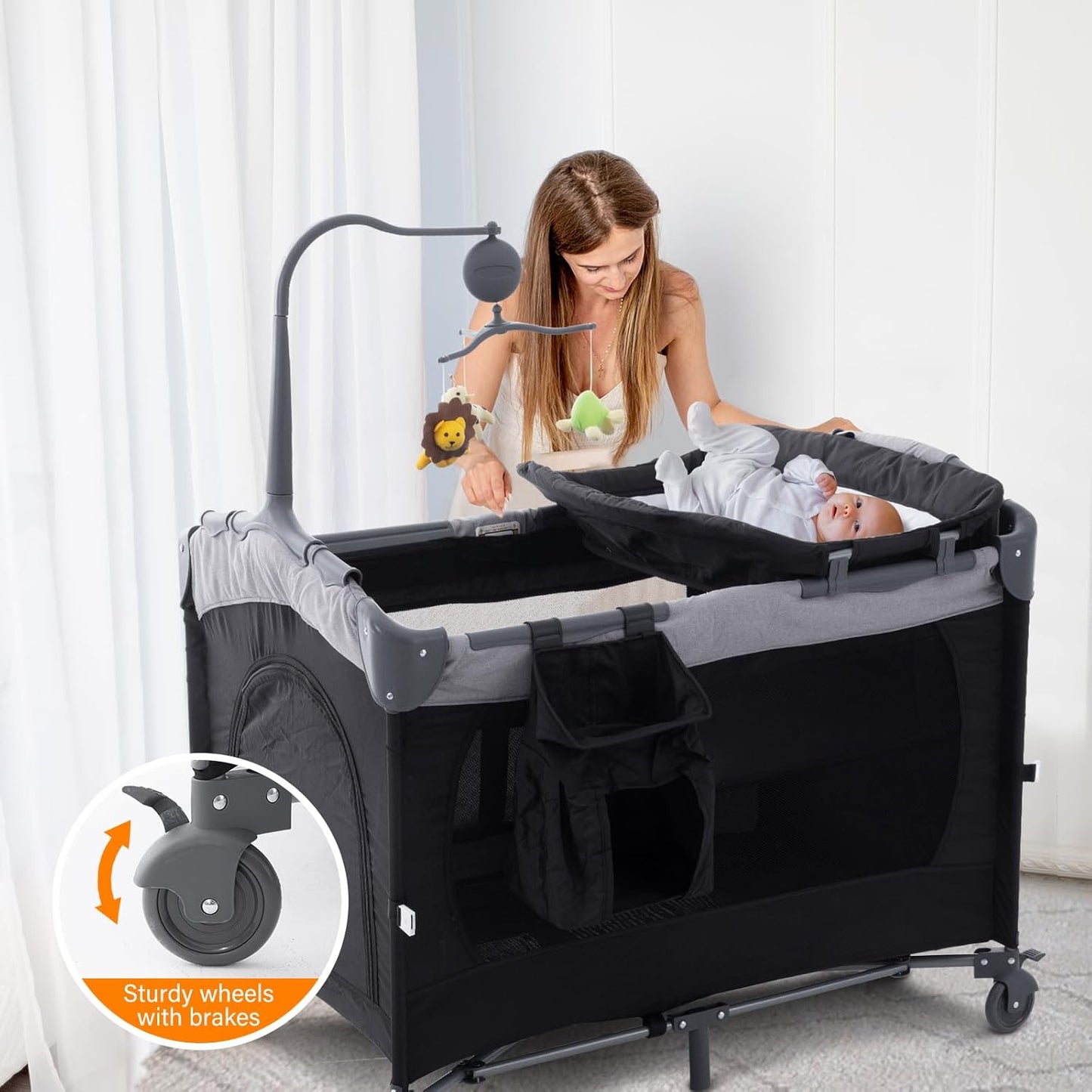 5 in 1 Baby Crib,Bedside Sleeper Bassinet,Pack and with Bassinet and Changing Table,Portable Travel Playpen Music Box