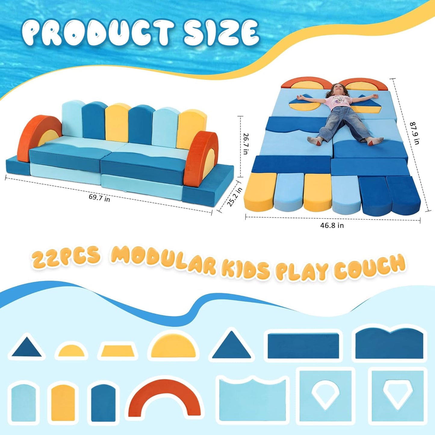 22Pcs Modular Kids Sectional Sofas for Toddler - Kids Sofa Bed for Playroom, Convertible Furniture Ocean Theme