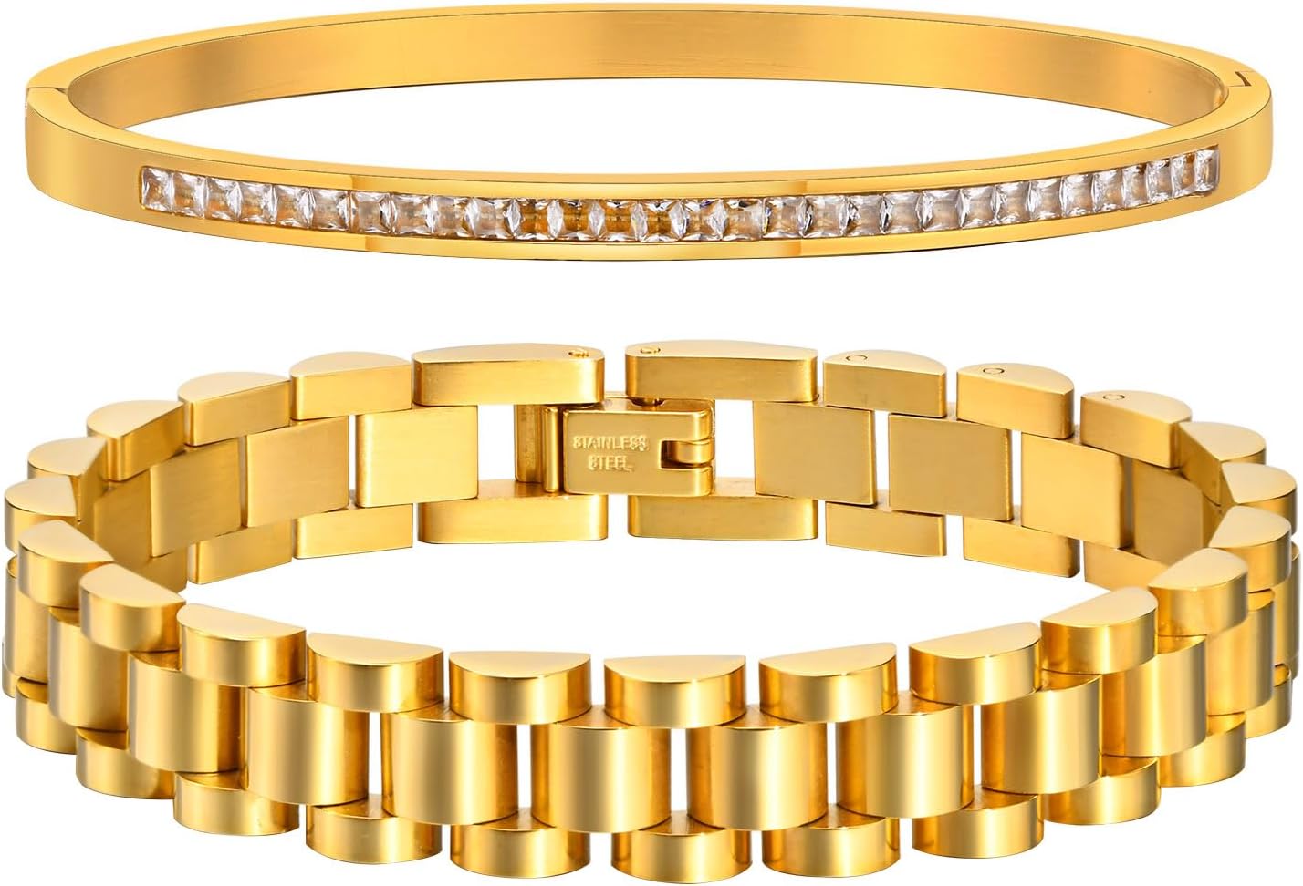 2pcs Gold Chain Link Bracelet, Stainless Steel Crystal Friendship Bracelets Bangle,Watch Band Chains Wristband