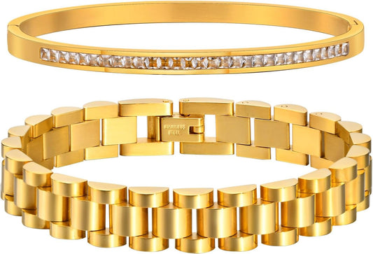 2pcs Gold Chain Link Bracelet, Stainless Steel Crystal Friendship Bracelets Bangle,Watch Band Chains Wristband