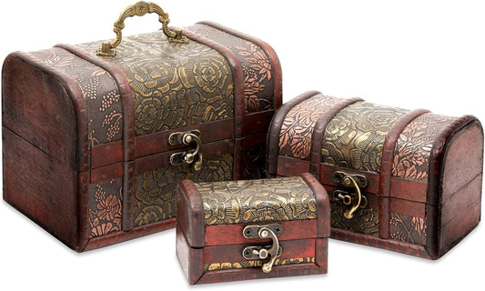 3 Nesting Boxes, Brown Floral - Decorative Storage & Jewelry Box with Hinged Lid, Vintage Antique Decor