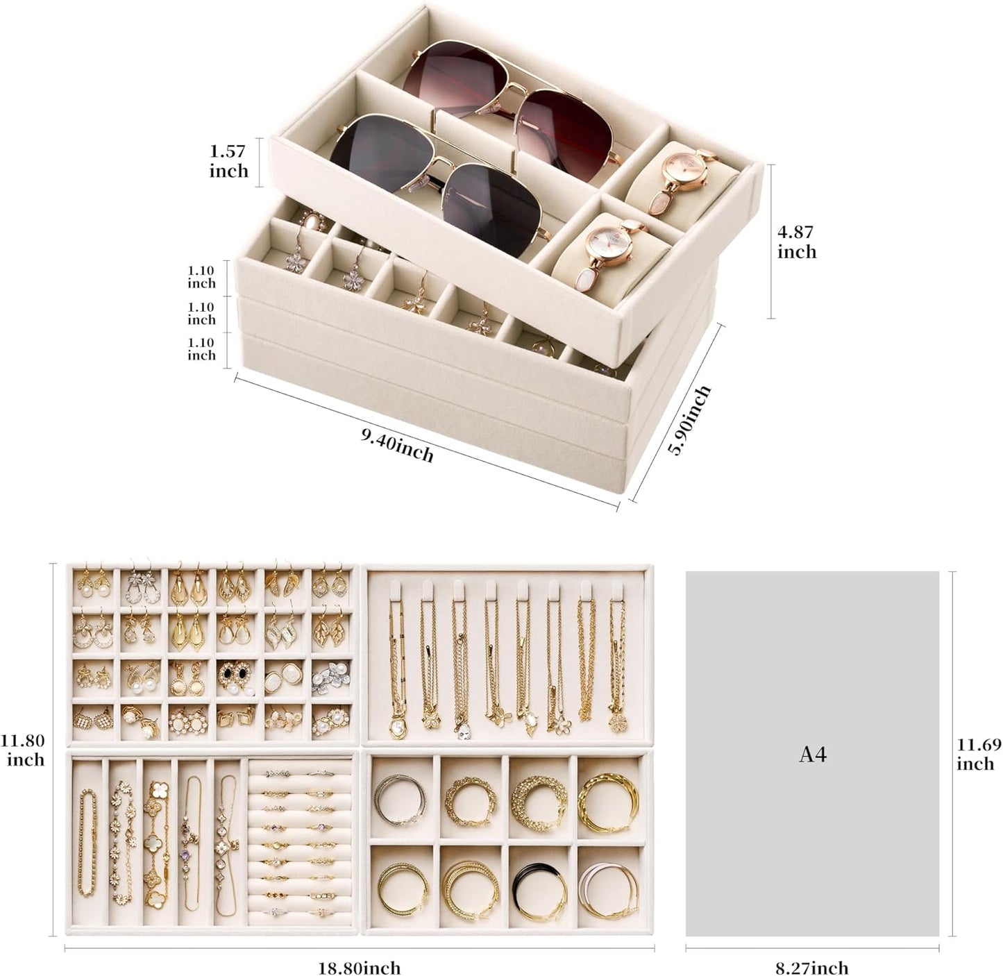 Stackable 4-Layer Jewelry Tray Set for Earrings, Rings, Necklaces, Bracelets with Removable Dividers for Dresser & Vanity