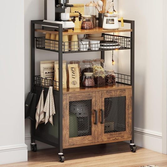 3 Tier Coffee Station Table on Wheels, 35.9" H Bar Cart with Wire Basket Drawer & 5 Hooks for Home Kitchen