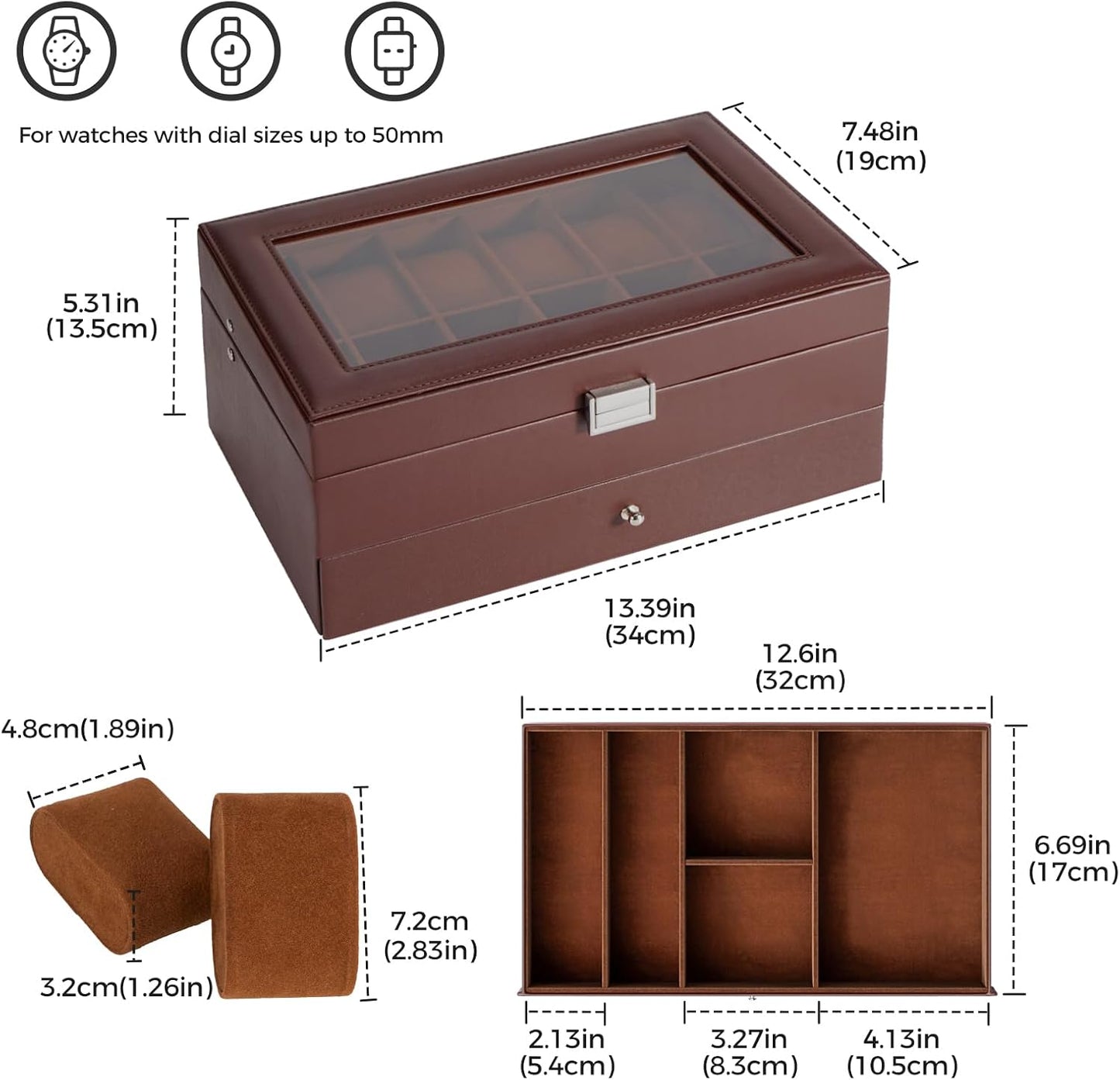 12 Slot Men Watch Case With Drawer, Watch Display Case With Glass Lid, 2-Layer Watch Holder Organizer