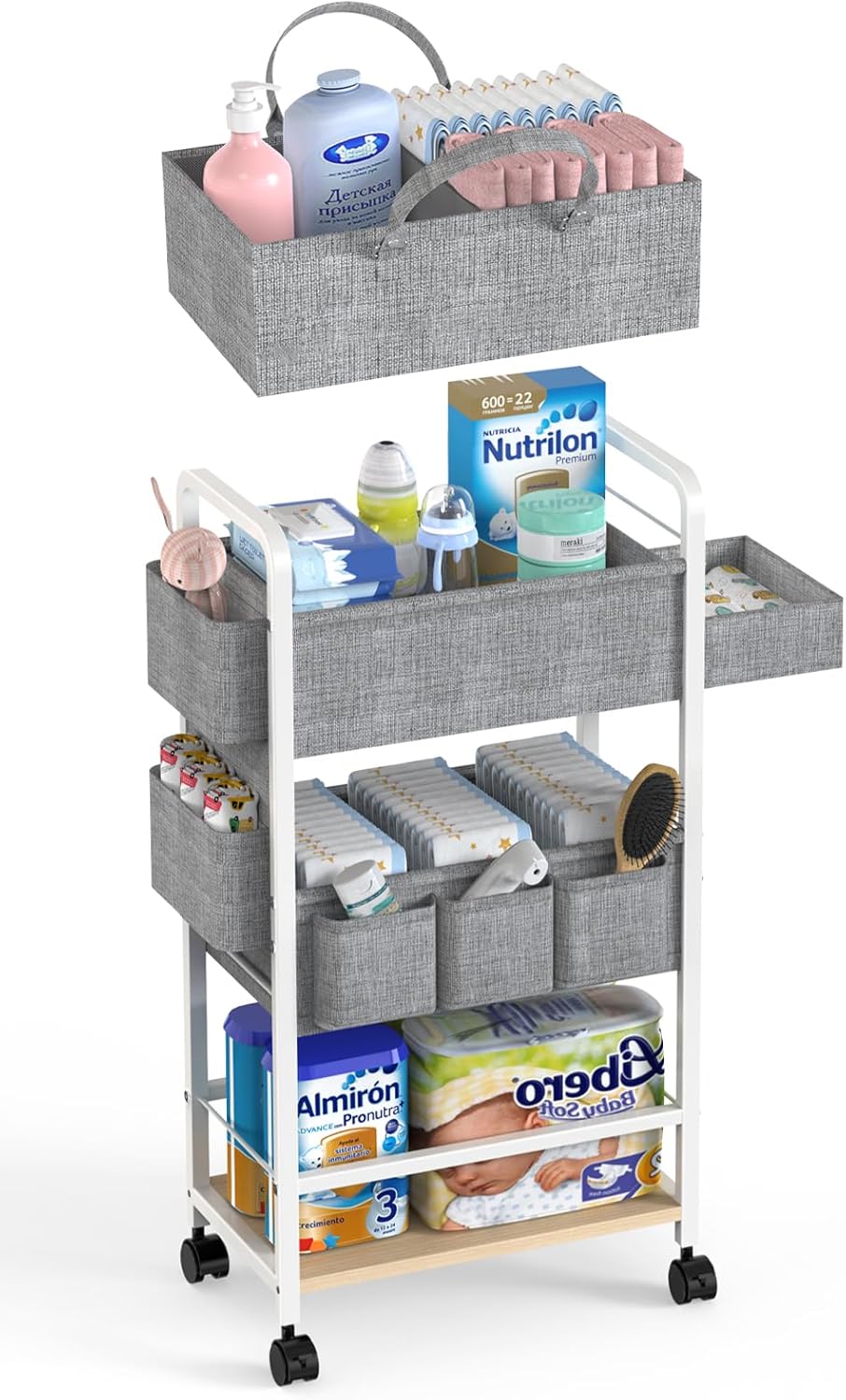 2In1  Diaper Caddy & 4-Tier Rolling Diaper Cart, Diaper Caddy Organizer Cart with Dividers & Drawer