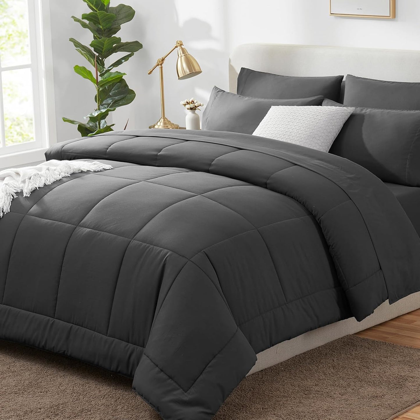 Queen Comforter Set Black, 7 count Bed in a Bag, All Season Bedding Sets