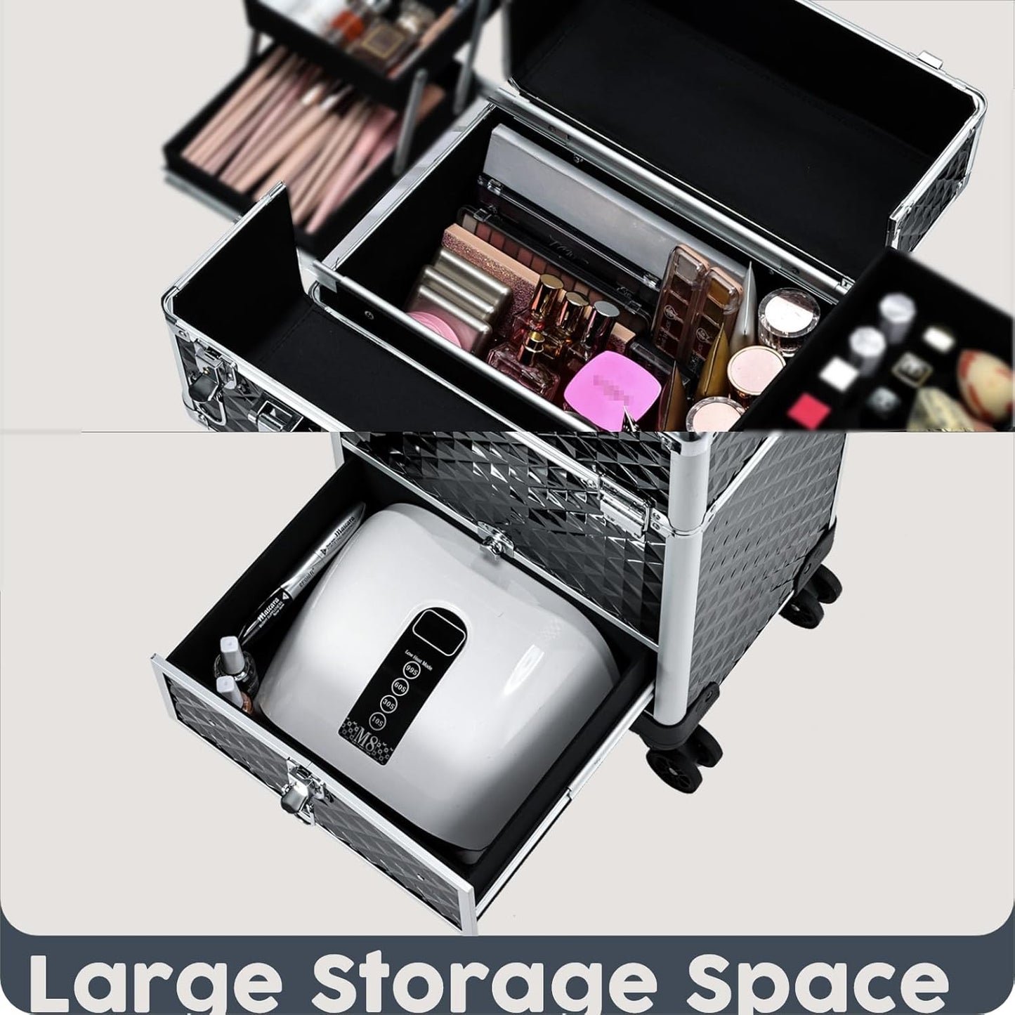 Rolling Makeup Case Cosmetic Travel Trolley Storage Sliding Drawer 4 Tray Makeup Travel Case