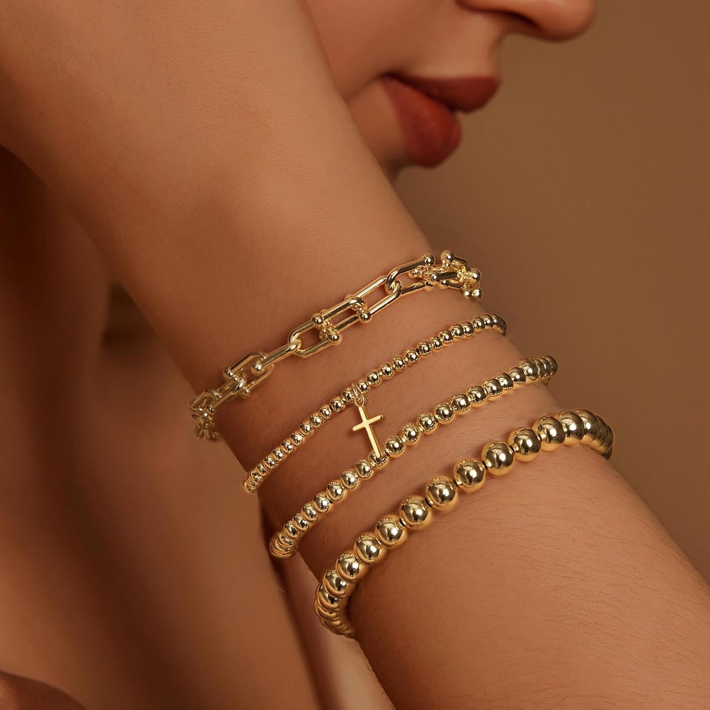 Gold Bracelets for Women 14K Gold Plated Cross Bracelet Strand Bead Ball Bracelets stack Set Chunky Chain Bracelet Trendy