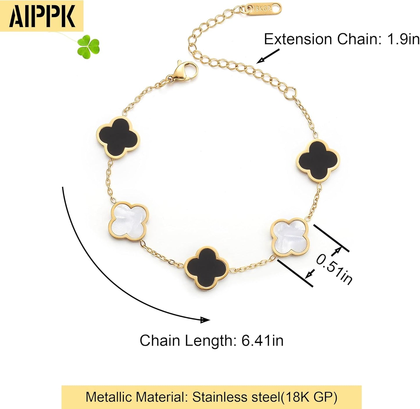 18K Gold Plated Clover Lucky Bracelet for Women White/Black/Red/Green Flower Four Leaf Link Bracelets