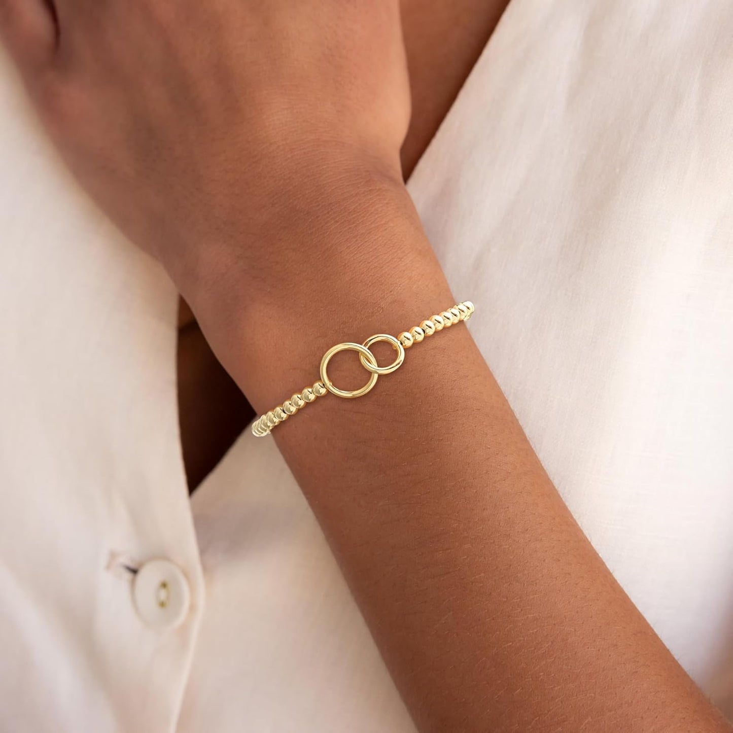 Gold Bracelets for Women 14K Gold Plated Beaded Bracelets Gold Stretch Bead Bracelet Handmade Ball Charm Bracelet
