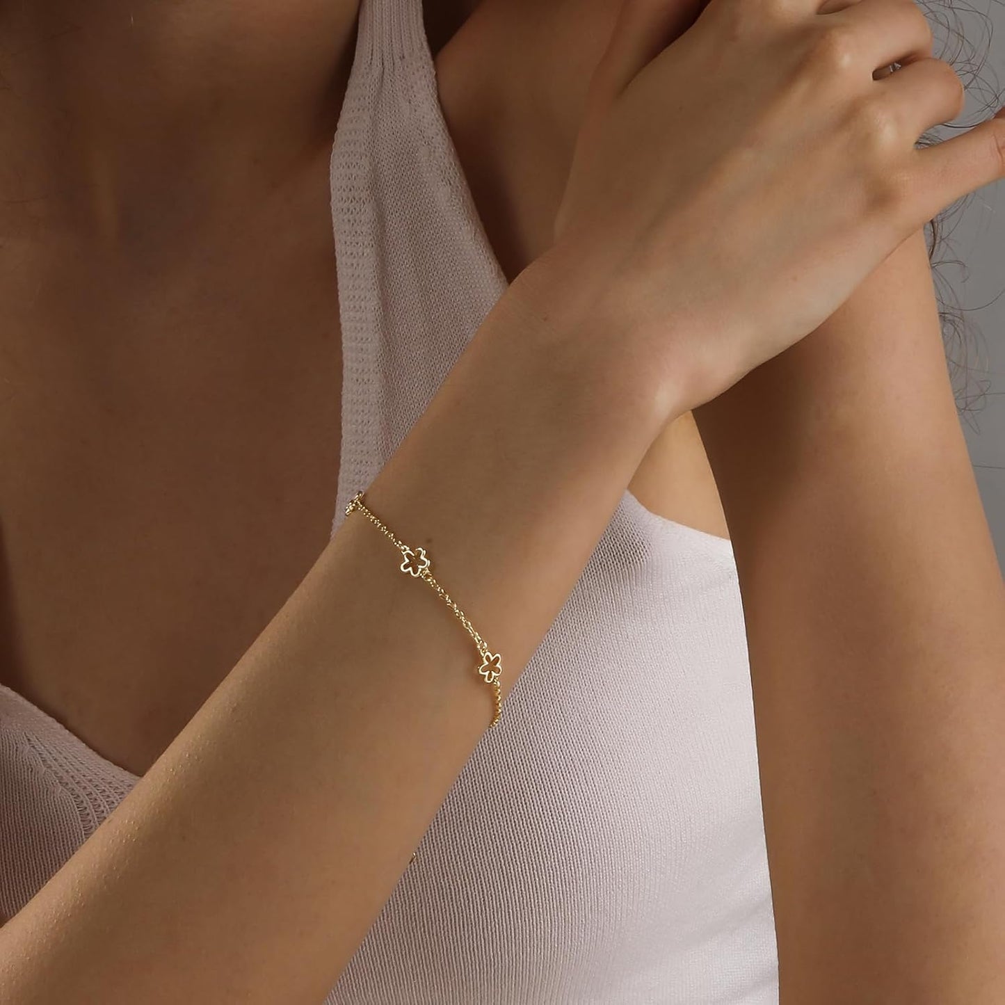 Bracelets for Women 14K Gold Silver Plated Ring Bracelet Hand Chain Dainty Evil Eye Heart Clover Daisy Cubic Zirconia