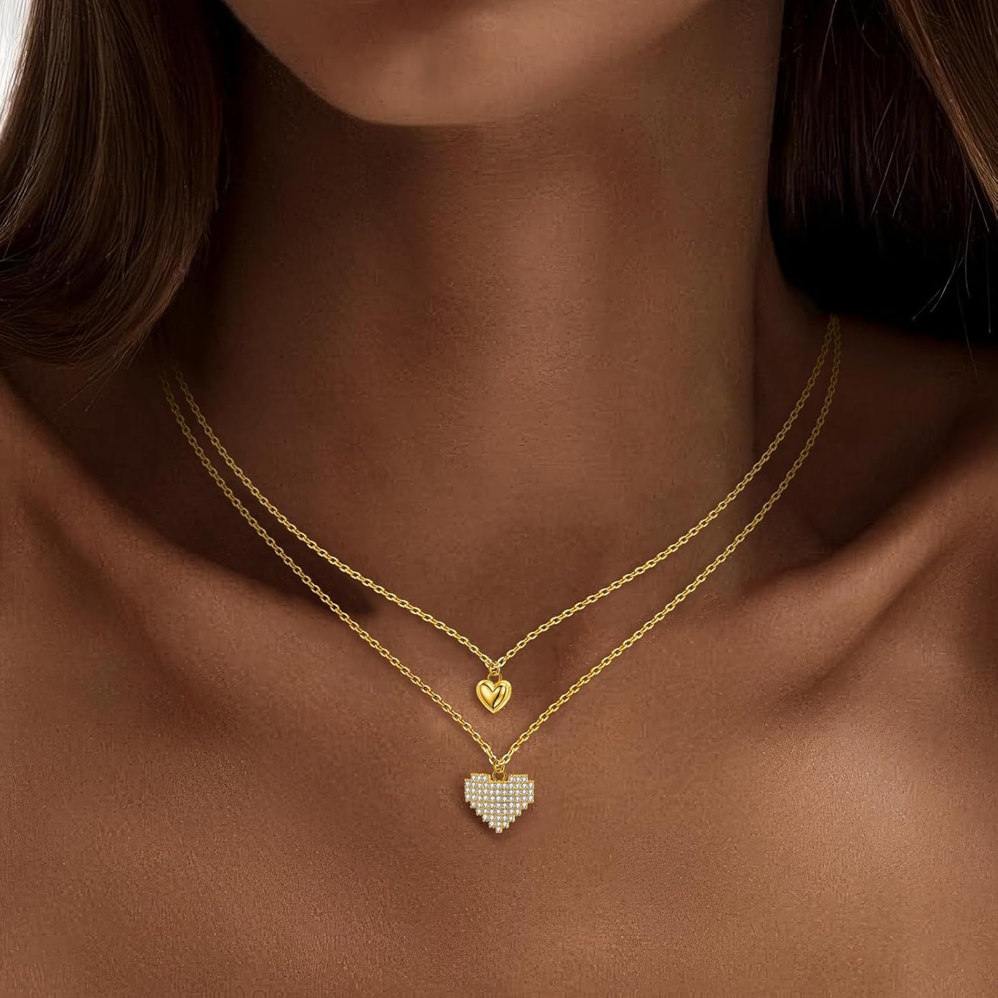 14K Gold & Platinum Plated Double Layer Pendant Necklace, Fashionable Layered Jewelry for Women