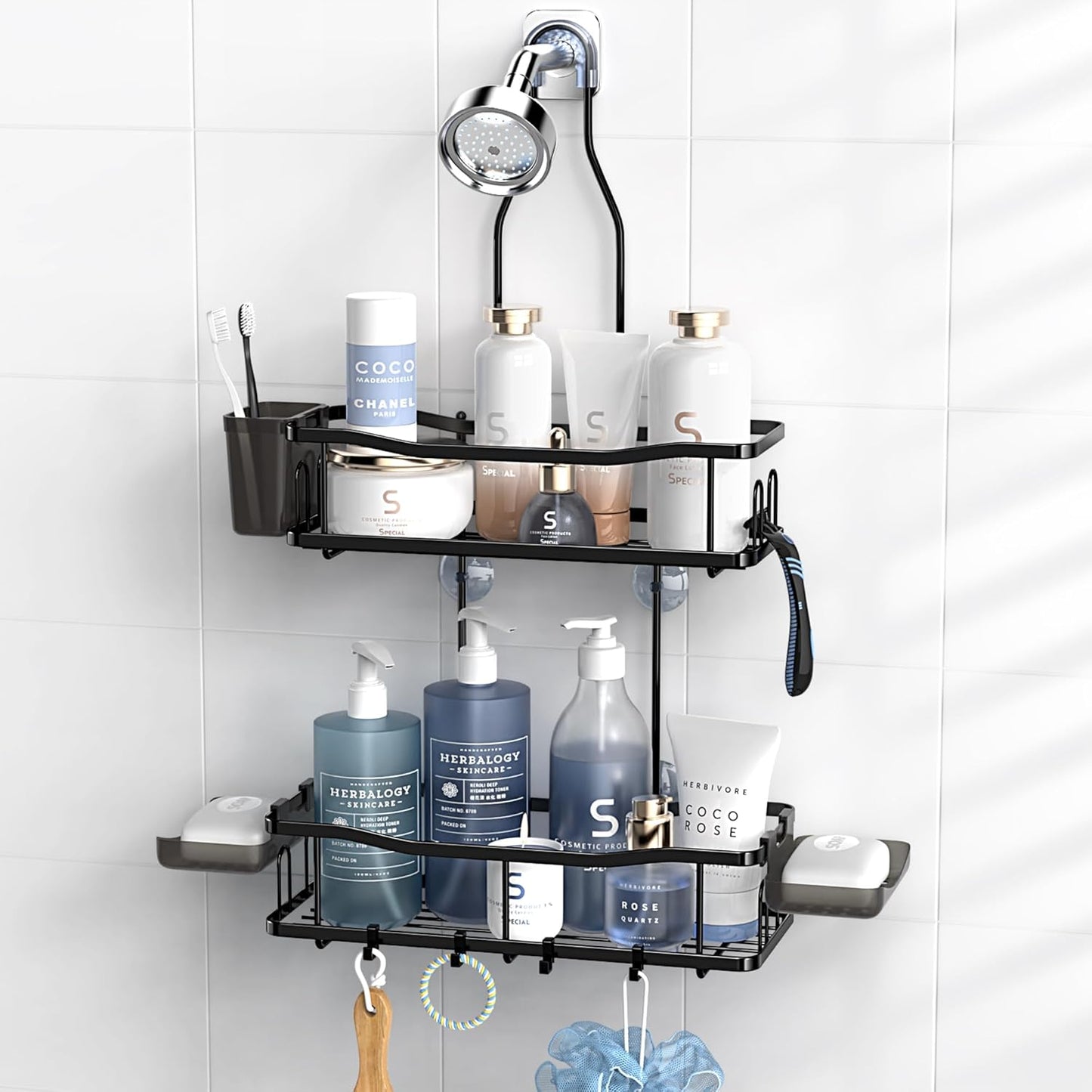 Hanging Shower Caddy Bathroom Organizer: Rustproof Shower Shelf Racks Over Shower Head - No Drilling