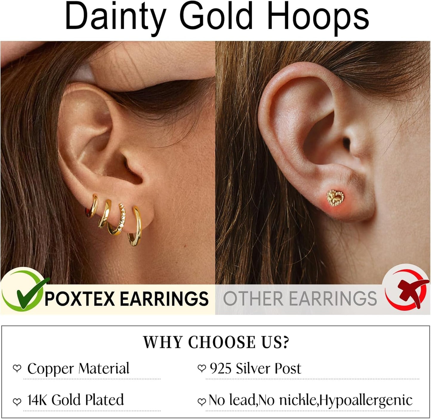 Small Gold Huggie Hoop Earrings Set for Women Men Hypoallergenic 14K Plated Stack Cartilage Earrings, Multiple Piercing