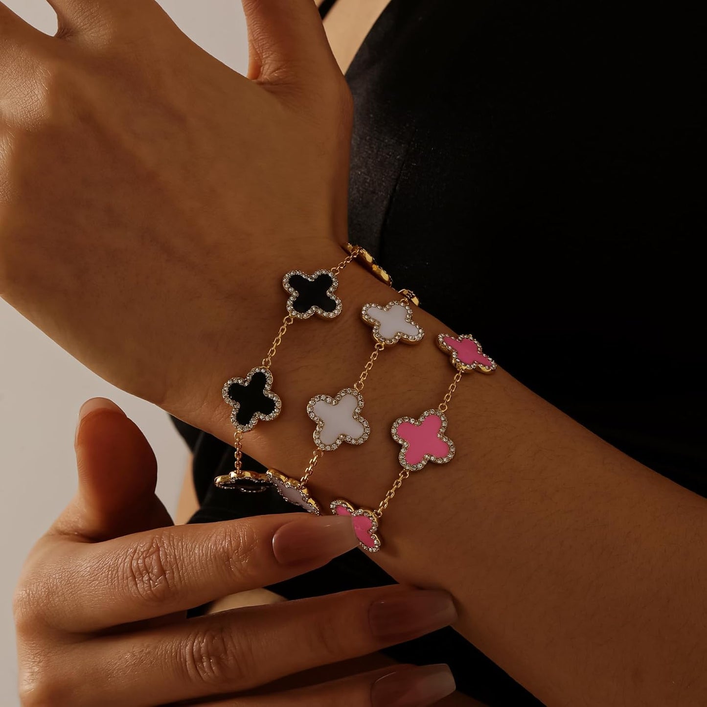 Qitian Clover Bracelet for Women 18K Gold Four Leaf Pink Lucky Link Clover Bracelets, Trendy Bracelets Set Jewelry