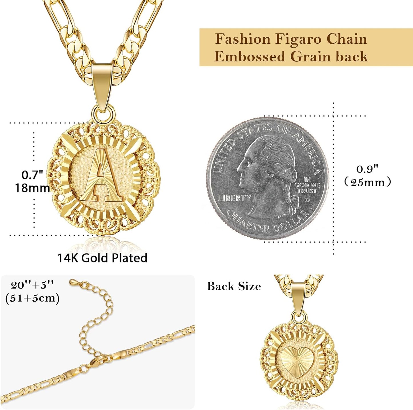 "14K Gold Plated Initial Necklace for Women, Round Letter Pendant A-Z Monogram with Figaro Chain, Alphabet Jewelry"