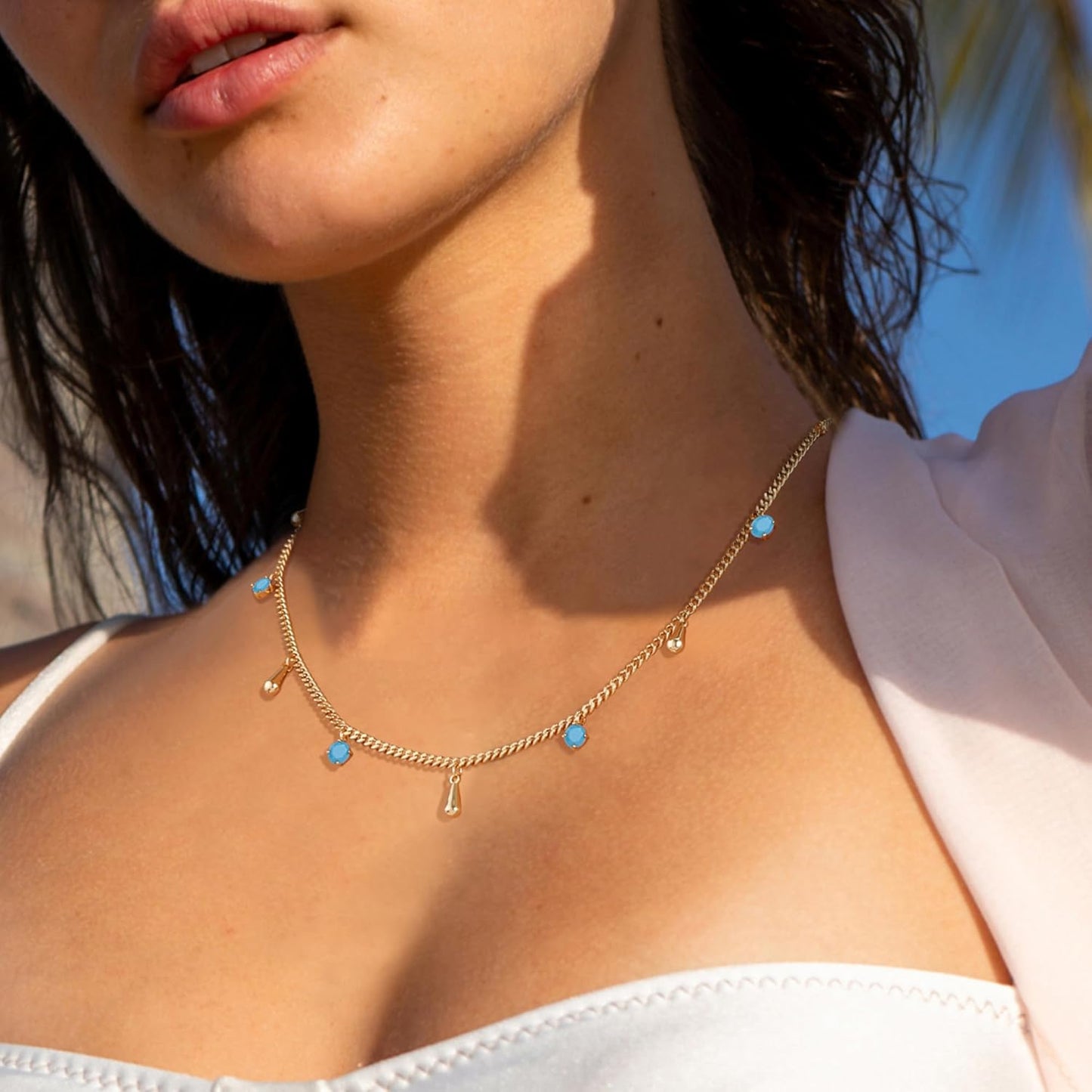 14K Gold Plated Tassel Drop White/Turquoise/Purple/Rose CZ Beads Charm Choker Necklace for Women Trendy Jewelry