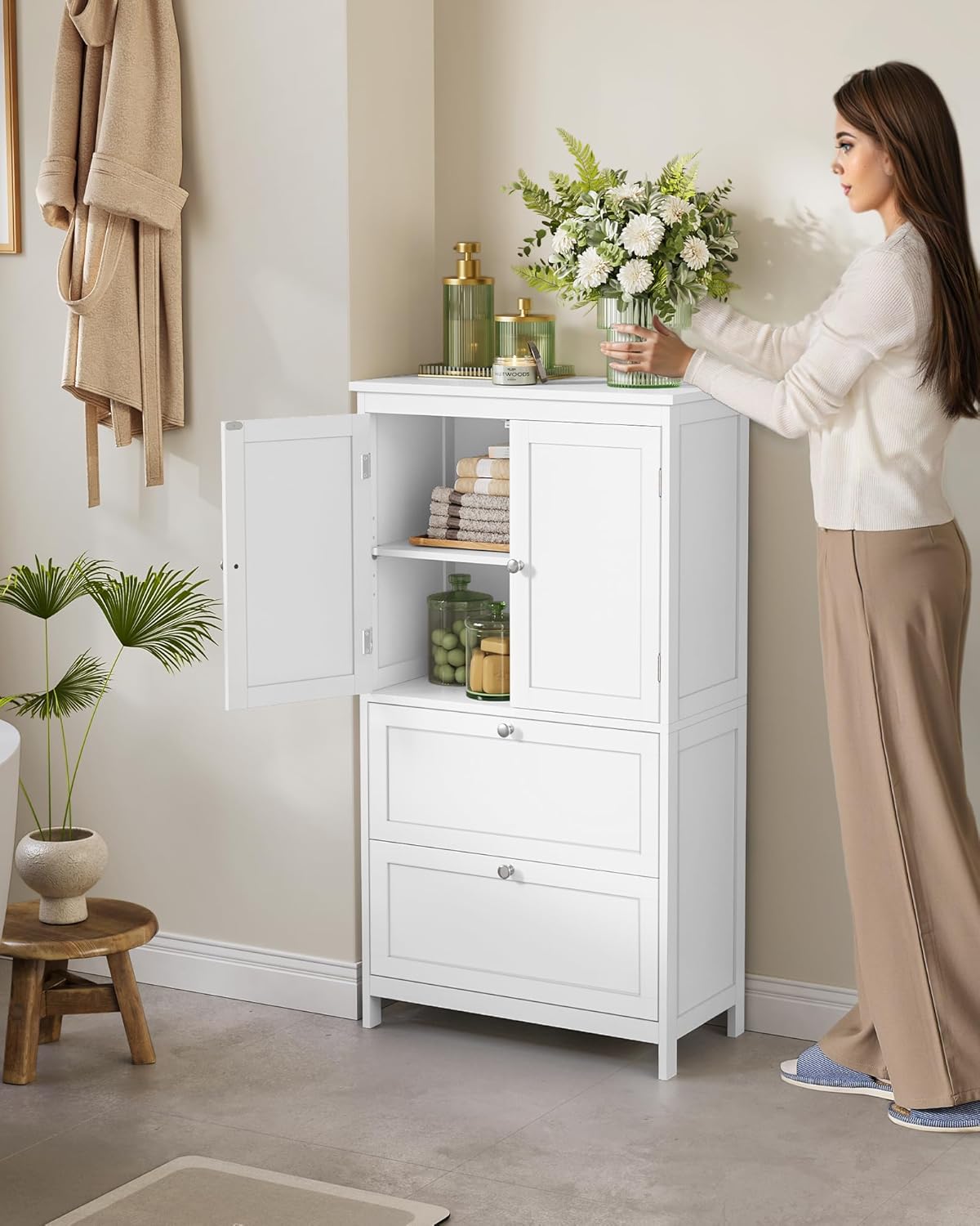 Floor Storage Cabinet, Freestanding Storage Unit with 2 Drawers and 2 Doors, Adjustable Shelf
