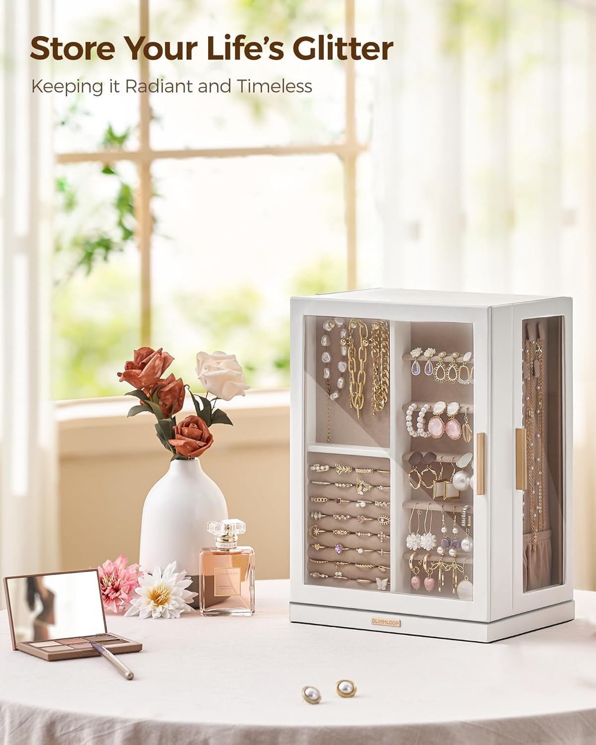 360° Rotating Jewelry Box with 7 Drawers, Spacious Vertical Jewelry Organizer with Glass Window