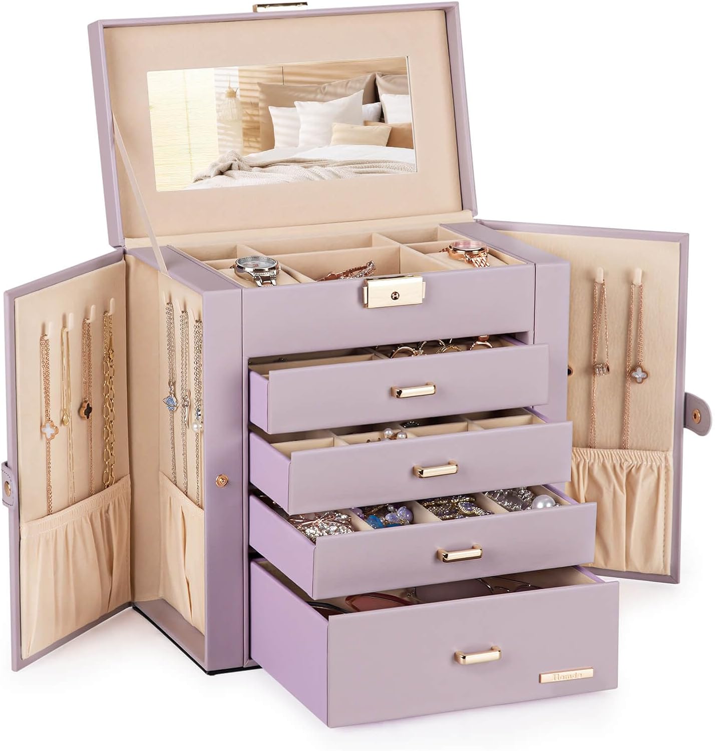 Synthetic Leather Huge Jewelry Box Mirrored Watch Organizer Necklace Ring Earring Storage Lockable