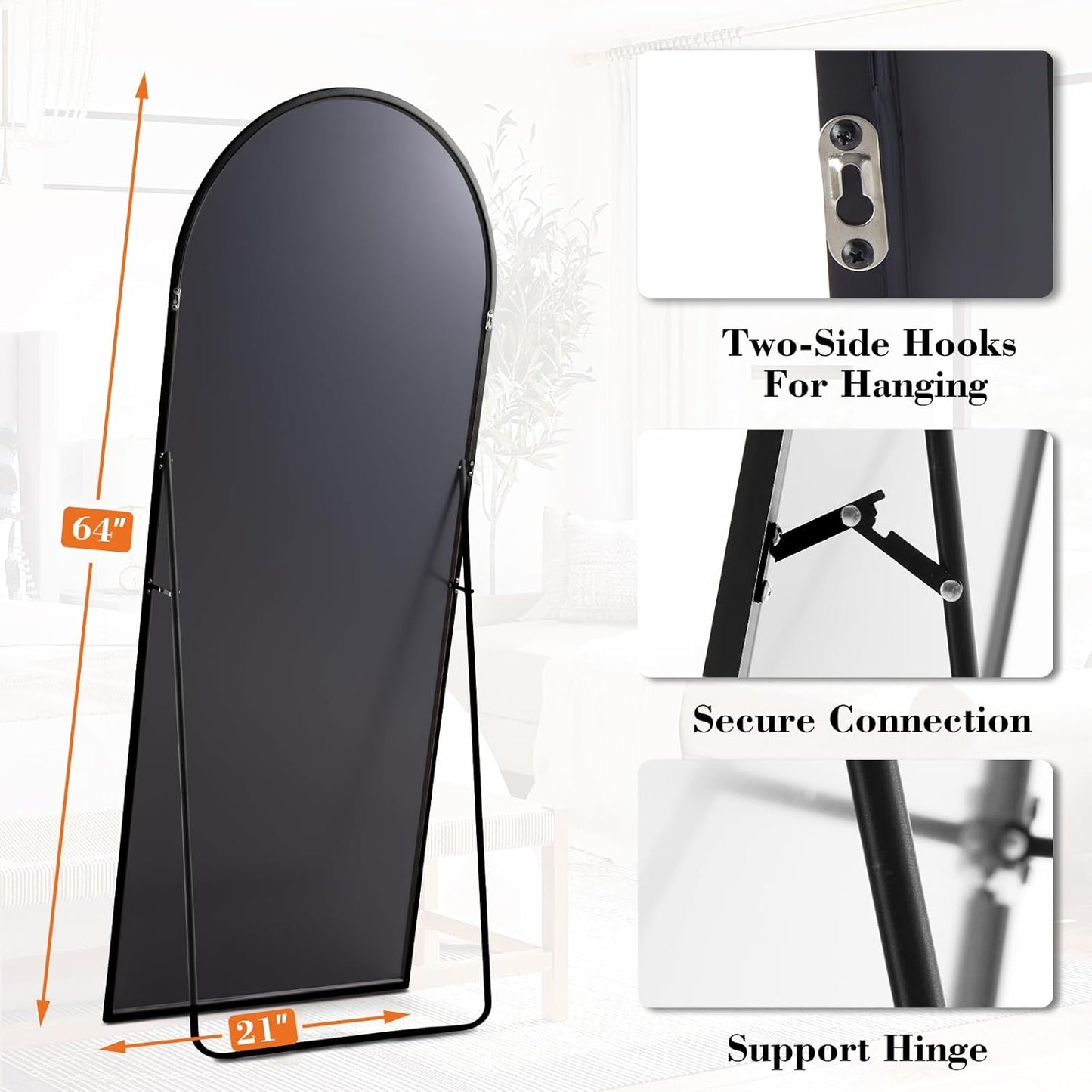 Arched Full Length Mirror with Stand 64"x21" Floor Standing Aluminum Frame for Bedroom Body Hanging