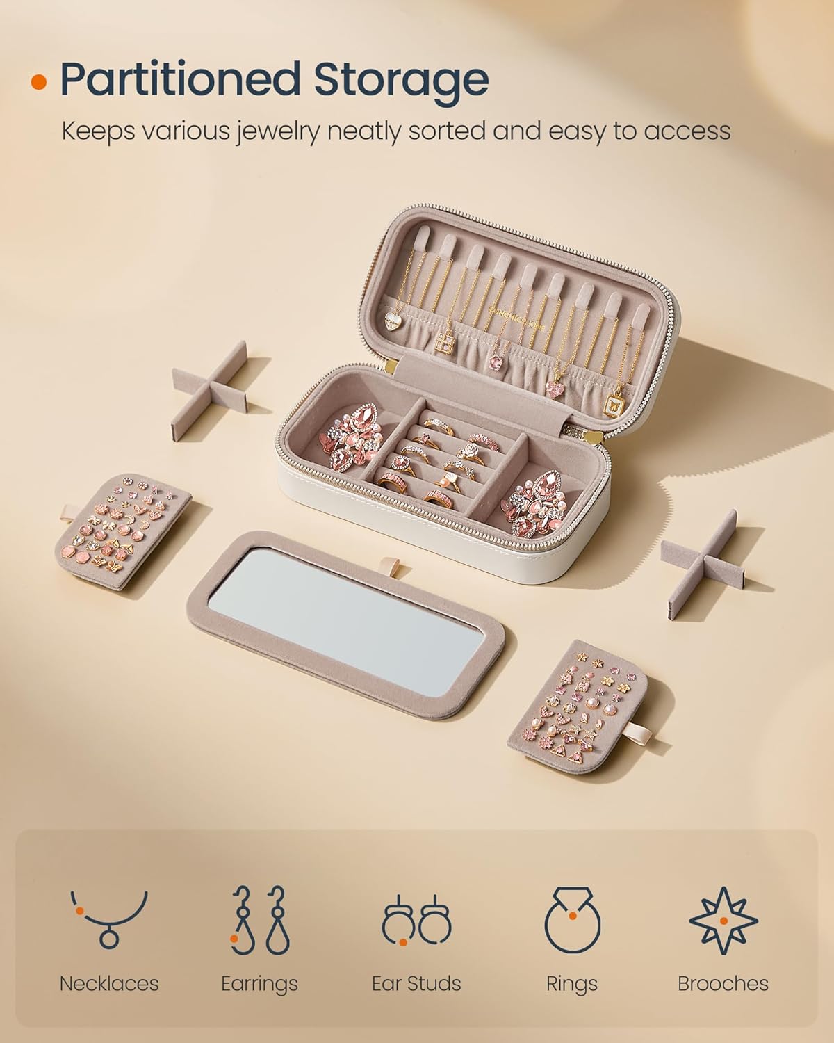 Travel Jewelry Case, Travel Jewelry Box Organizer with Mirror, Stitching, Portable