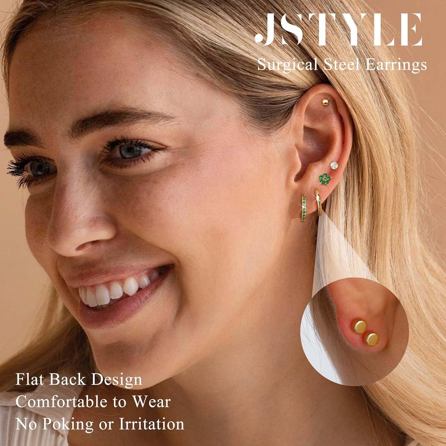 Jstyle Hypoallergenic Gold Stud Hoop Earrings for Women Men Surgical Stainless Steel Flat Back Earrings Small 14K Gold Huggie Hoops