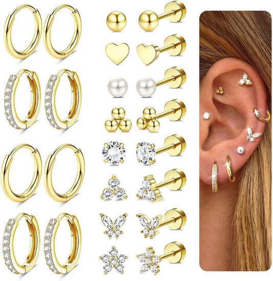 Jstyle Hypoallergenic Gold Stud Hoop Earrings for Women Men Surgical Stainless Steel Flat Back Earrings Small 14K Gold Huggie Hoops