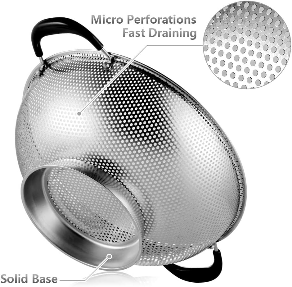 18/8 Stainless Steel Colander, Easy Grip Micro-Perforated 5-Quart Colander, Strainer with Riveted and Heat Resistant Handles