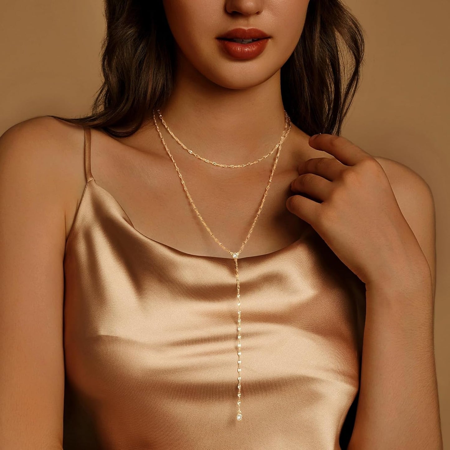Dainty Y-Shaped Pendant Necklace: 14k Gold Plated/Silver Beaded Chain, Trendy Long Lariat for Women