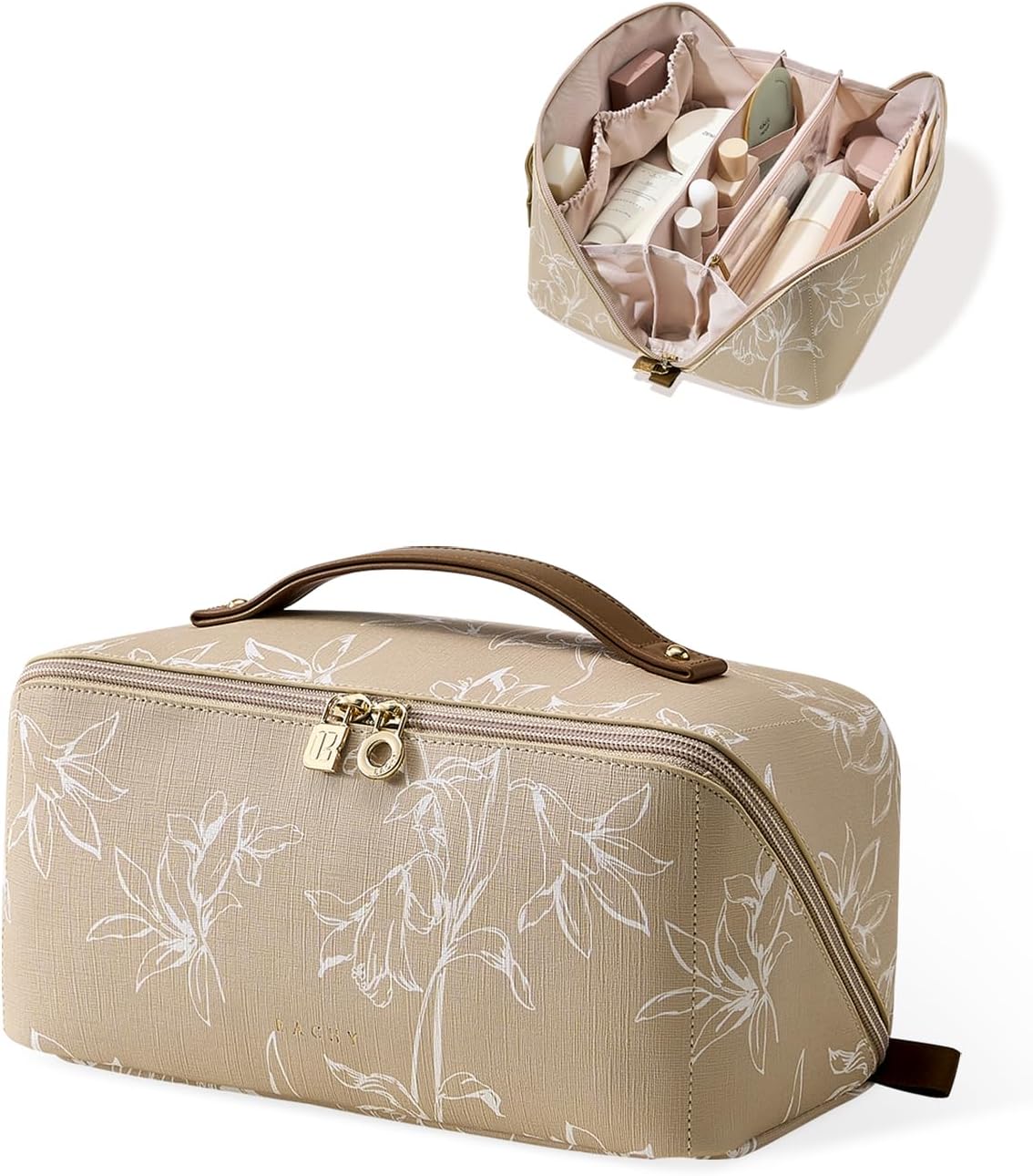 Travel Makeup Bag, Large Capacity Cosmetic Bags for Women, Waterproof Portable Pouch Open Flat Toiletry Bag Pattern Make up Bag (F-Beige)