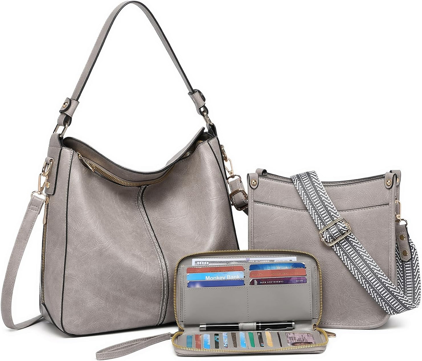 3PCS Crossbody Bags Set Large Leather Purse Shoulder Handbags with Wallet Adjustable Straps