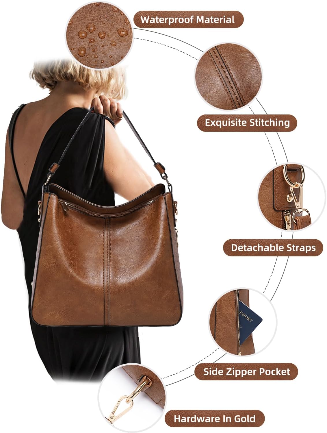 3PCS Crossbody Bags Set Large Leather Purse Shoulder Handbags with Wallet Adjustable Straps