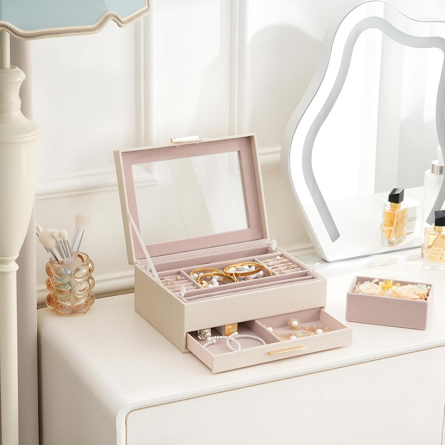 Jewelry Organizer with Glass Lid, 2-Layer Jewelry Box Case with Drawer, Gift for Women Mom