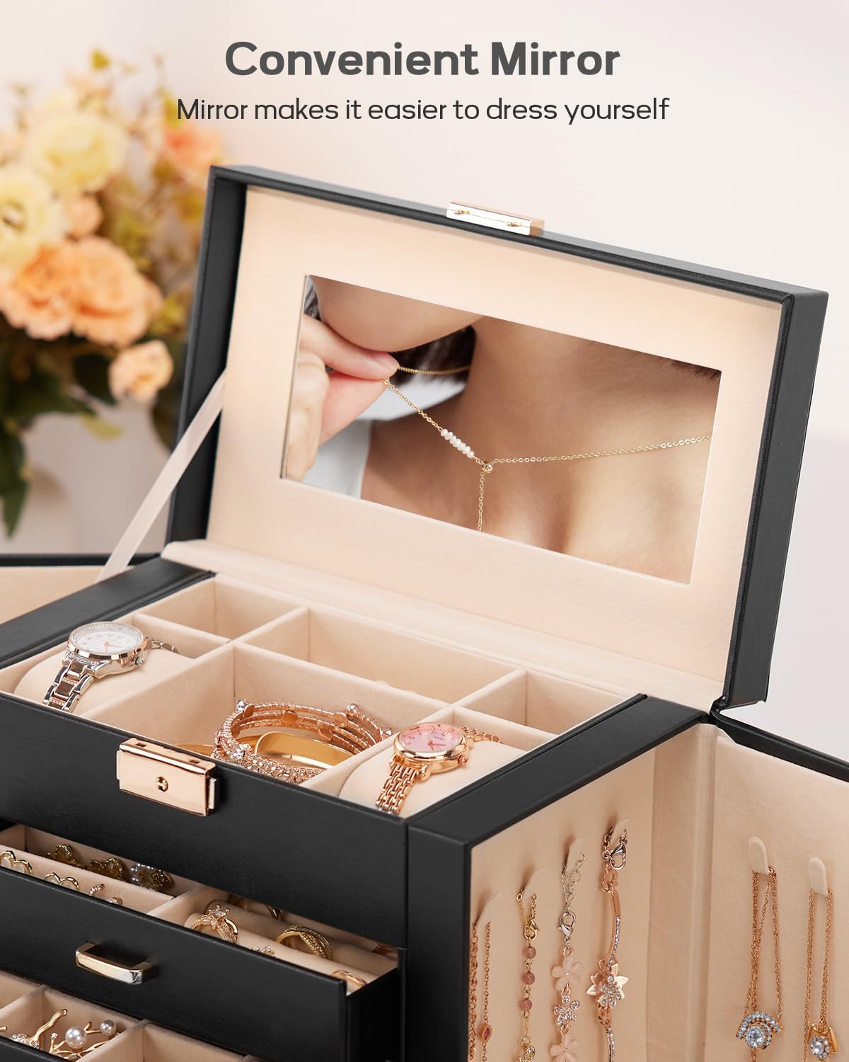 Synthetic Leather Huge Jewelry Box Mirrored Watch Organizer Necklace Ring Earring Storage Lockable