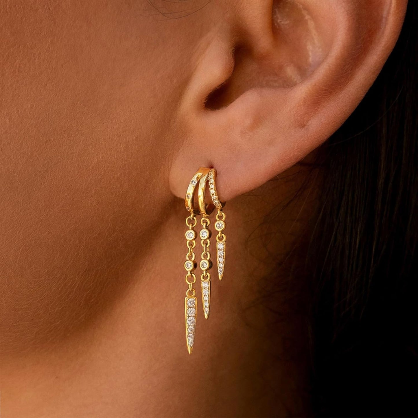 Dangle Earrings for Women,14k Gold Plated Triple Huggie Stud Earrings Cute Statement Chain Earring Dainty Drop