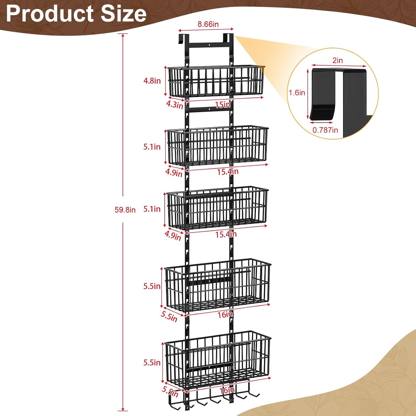Adjustable Over The Door Organizer, Metal Hanging Door Organizer with 5 Wire Basket 7 Hooks