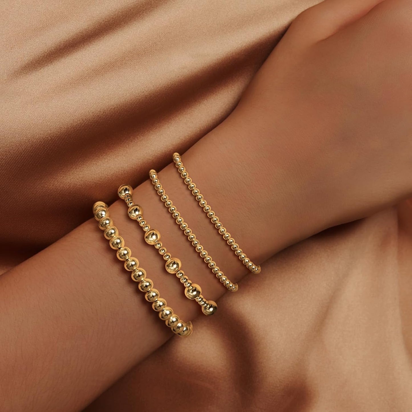 Gold Bracelets for Women 14K Gold Plated Cross Bracelet Strand Bead Ball Bracelets stack Set Chunky Chain Bracelet Trendy