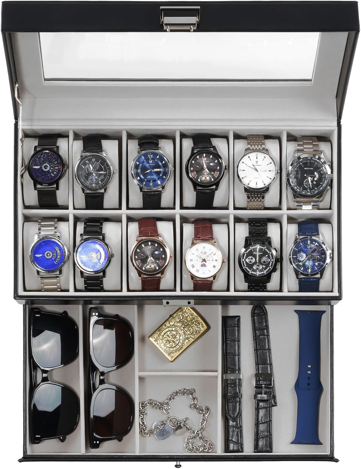 12 Slot Men Watch Case With Drawer, Watch Display Case With Glass Lid, 2-Layer Watch Holder Organizer