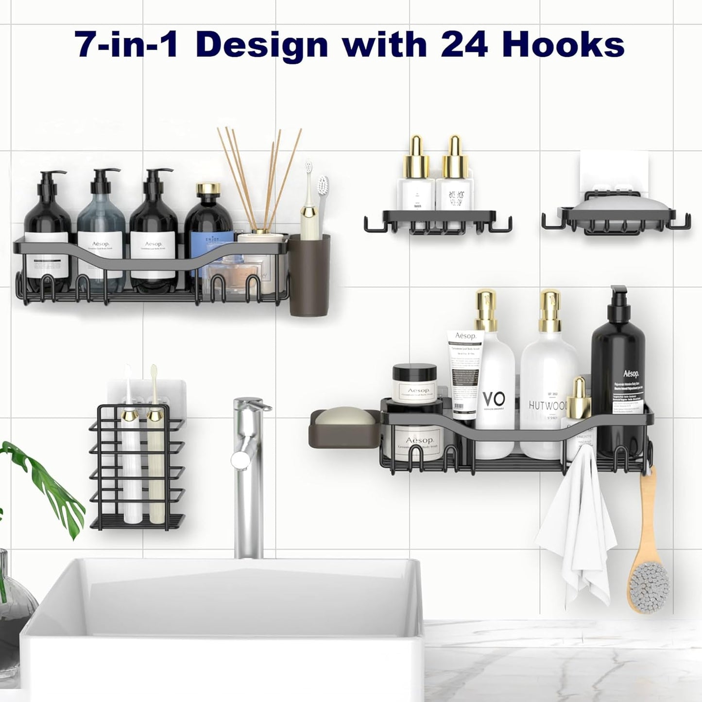 Shower Caddy Adhesive Shower Organizer 7-Pack, No-Drill Rack Storage Accessories
