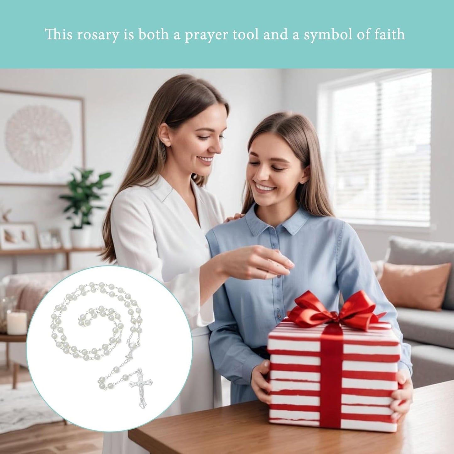6mm Pearl Rosary Beads With Crucifix - Women's Catholic Prayer Necklace, Gift Box & Pouch Included
