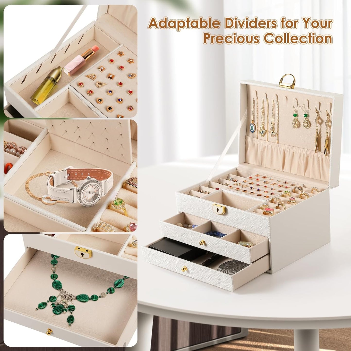 3 Layer Jewelry Box, Lockable Jewelry Holder Organizer with Jewelry Drawer