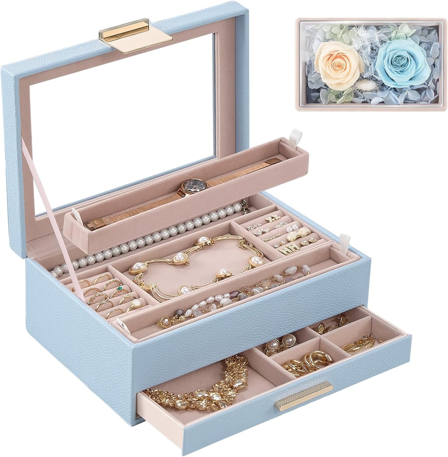 Jewelry Organizer with Glass Lid, 2-Layer Jewelry Box Case with Drawer, Gift for Women Mom