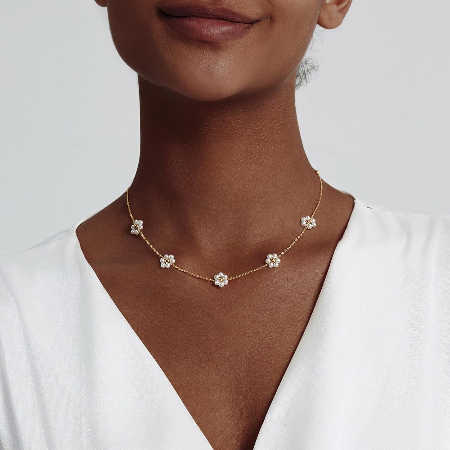 14K Gold Plated Pearl Necklace Set for Women - Dainty Layered Daisy Choker, Elegant Gift