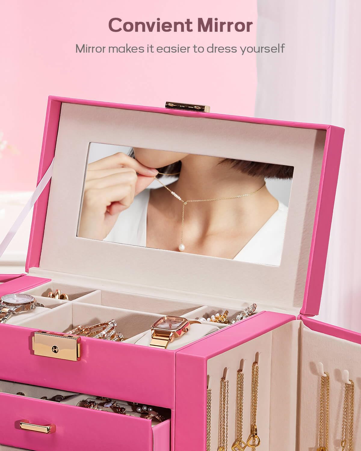 Synthetic Leather Huge Jewelry Box Mirrored Watch Organizer Necklace Ring Earring Storage Lockable
