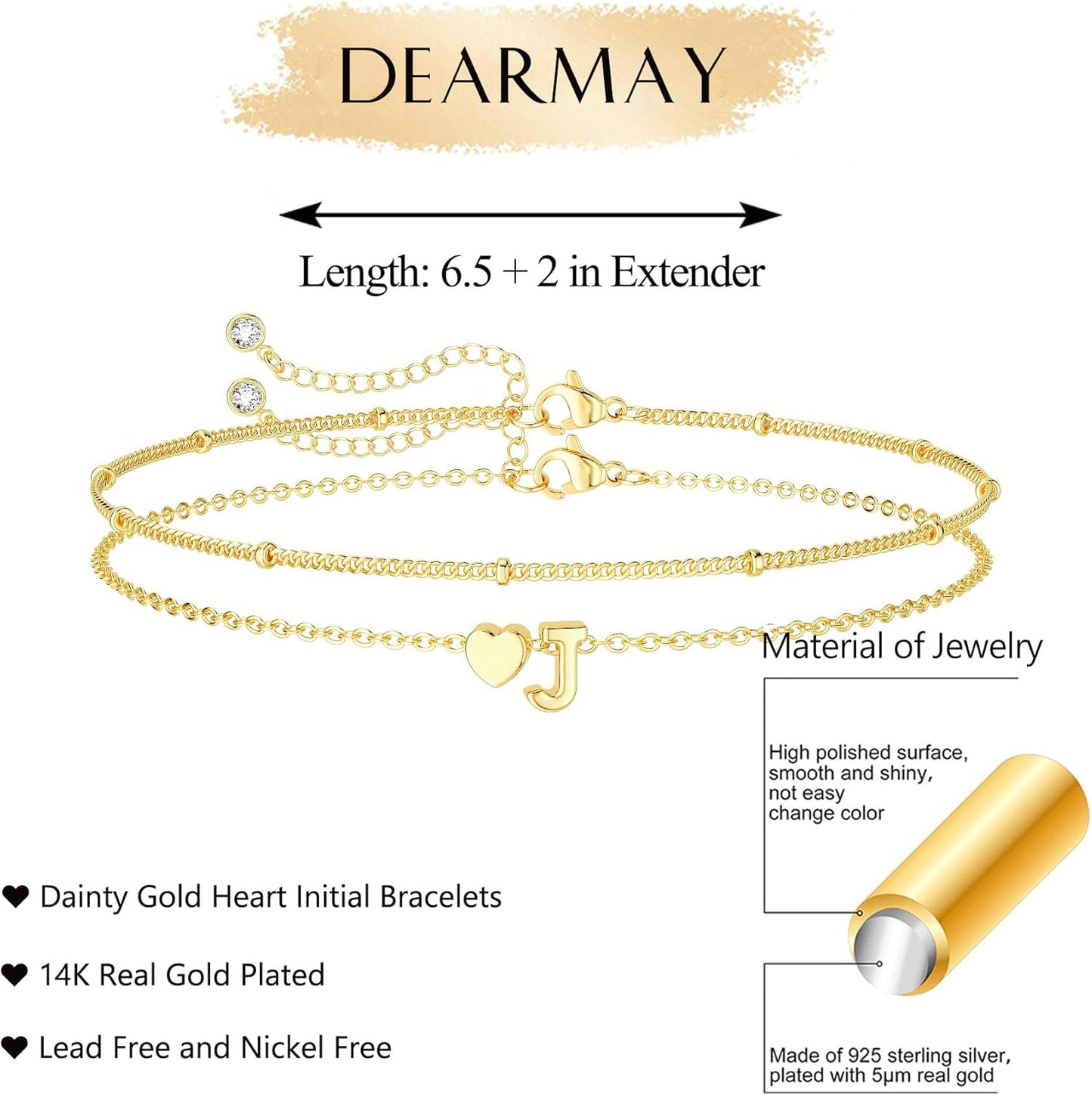 Dainty Initial Heart Gold Bracelets for Women Trendy, 14K Real Gold Letter Charm Bracelet Jewelry
