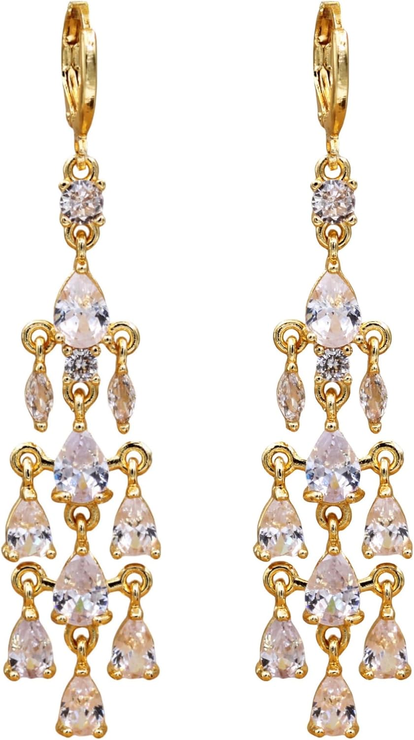Vuskdtei18K Gold Plated Flower Dangle Earrings for Women, Hypoallergenic Cubic Zirconia Earrings, Elegant Chandelier Drop Earrings